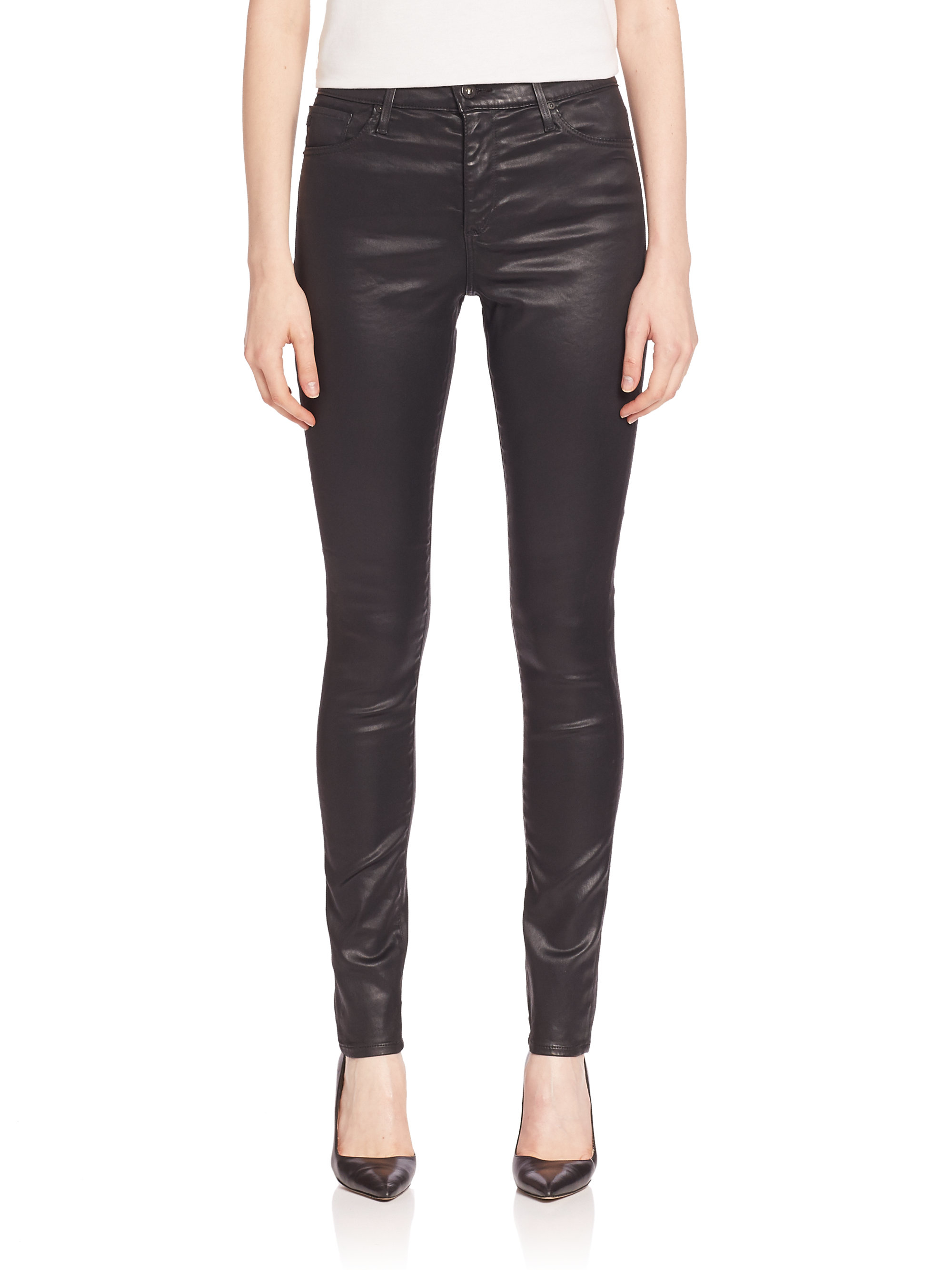 high rise coated skinny jeans